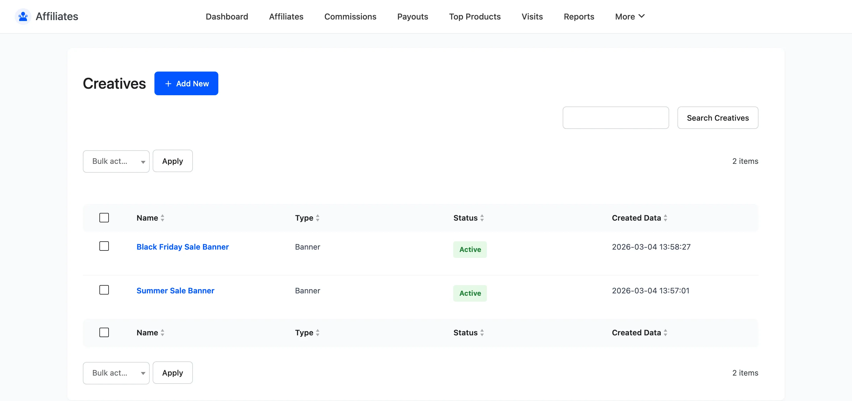 The Creatives list showing each creative with its name, type, status and created date