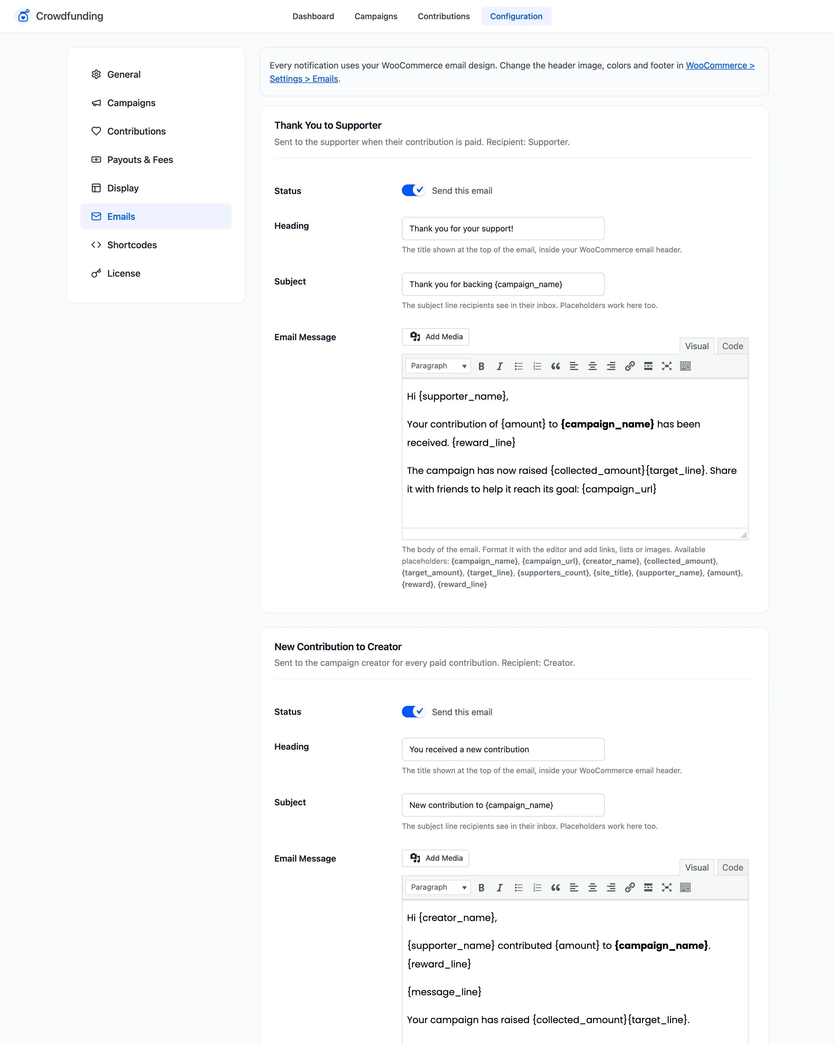 The Emails tab