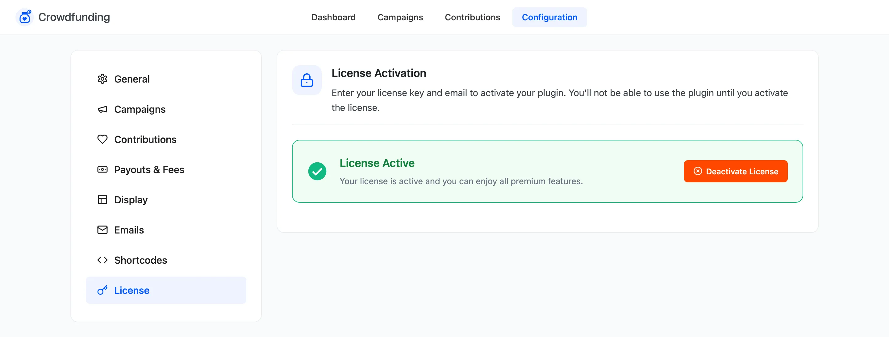The License tab with an active license
