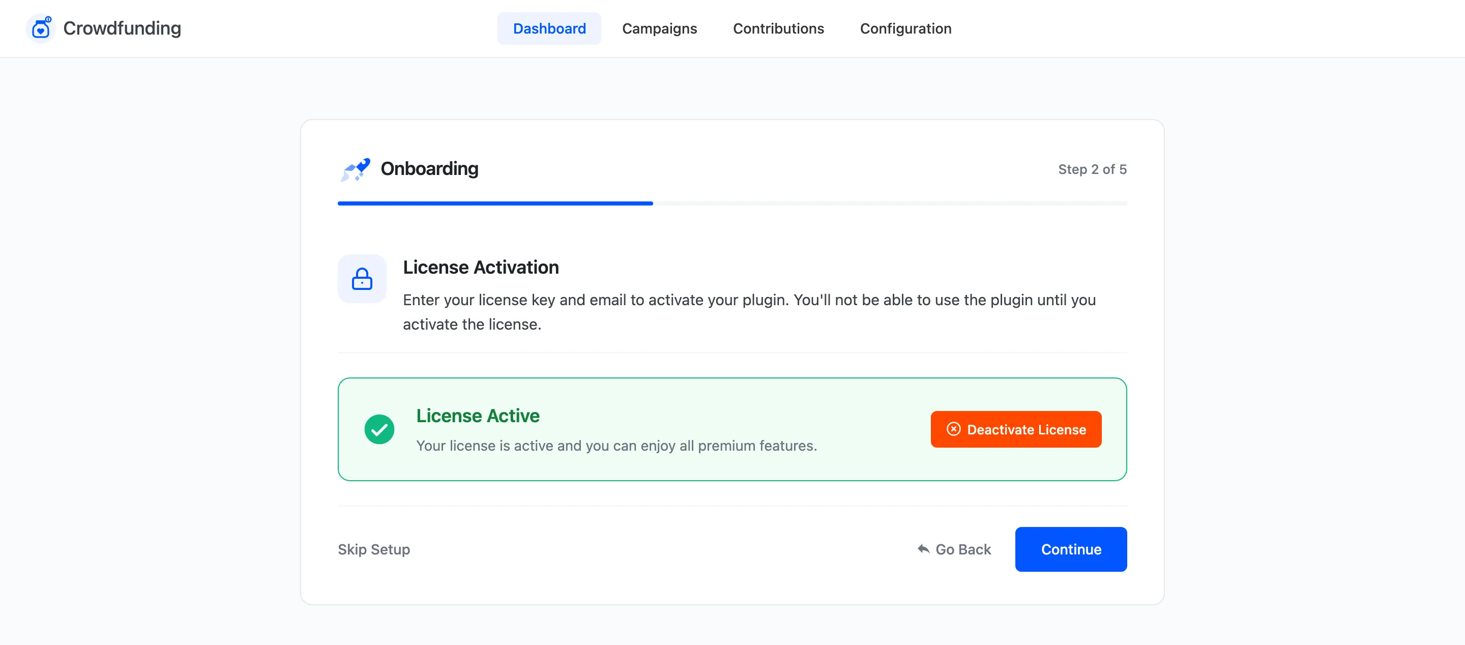 The wizard’s License step with the license active