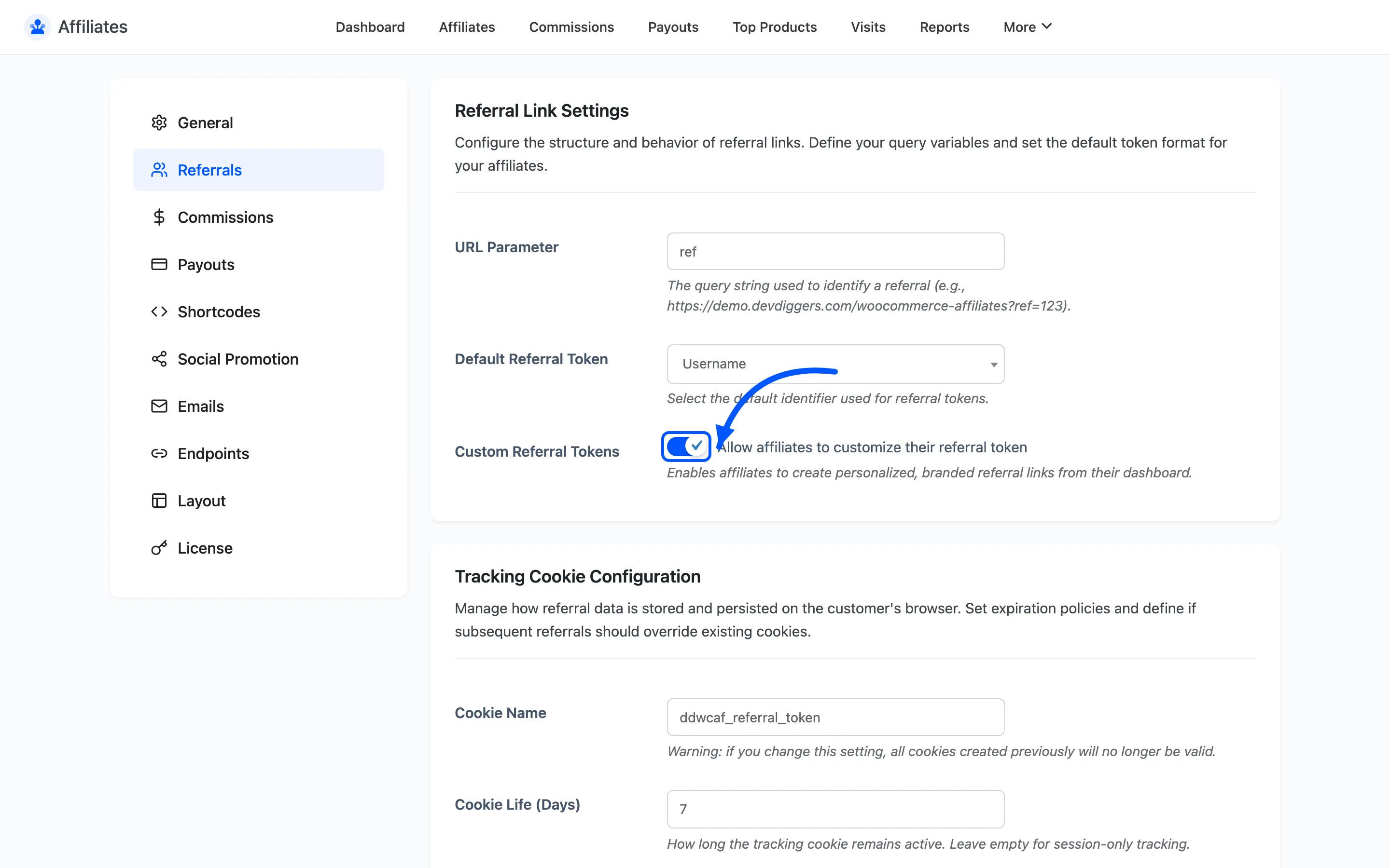 The Custom Referral Tokens toggle on the Referrals settings tab
