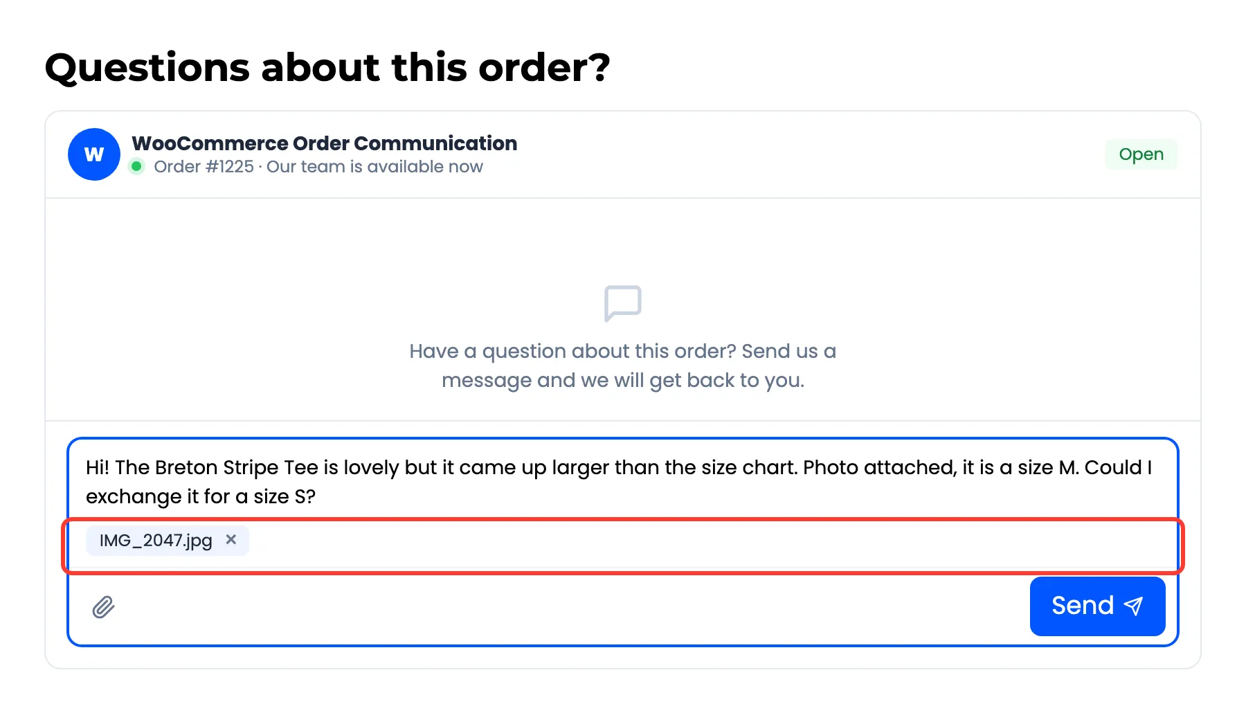 The customer’s message with a photo attached, ready to send