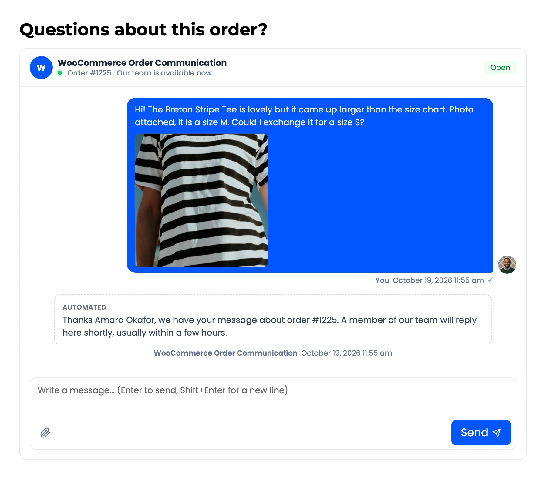 The sent message with the automatic reply under it