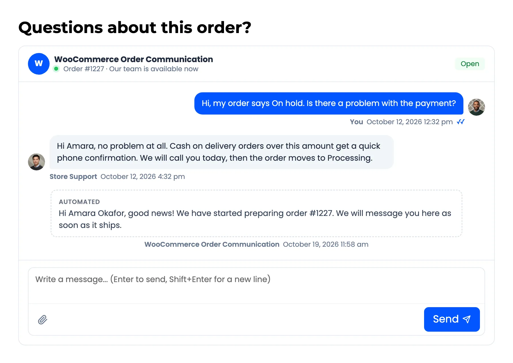 The status message in the customer’s conversation