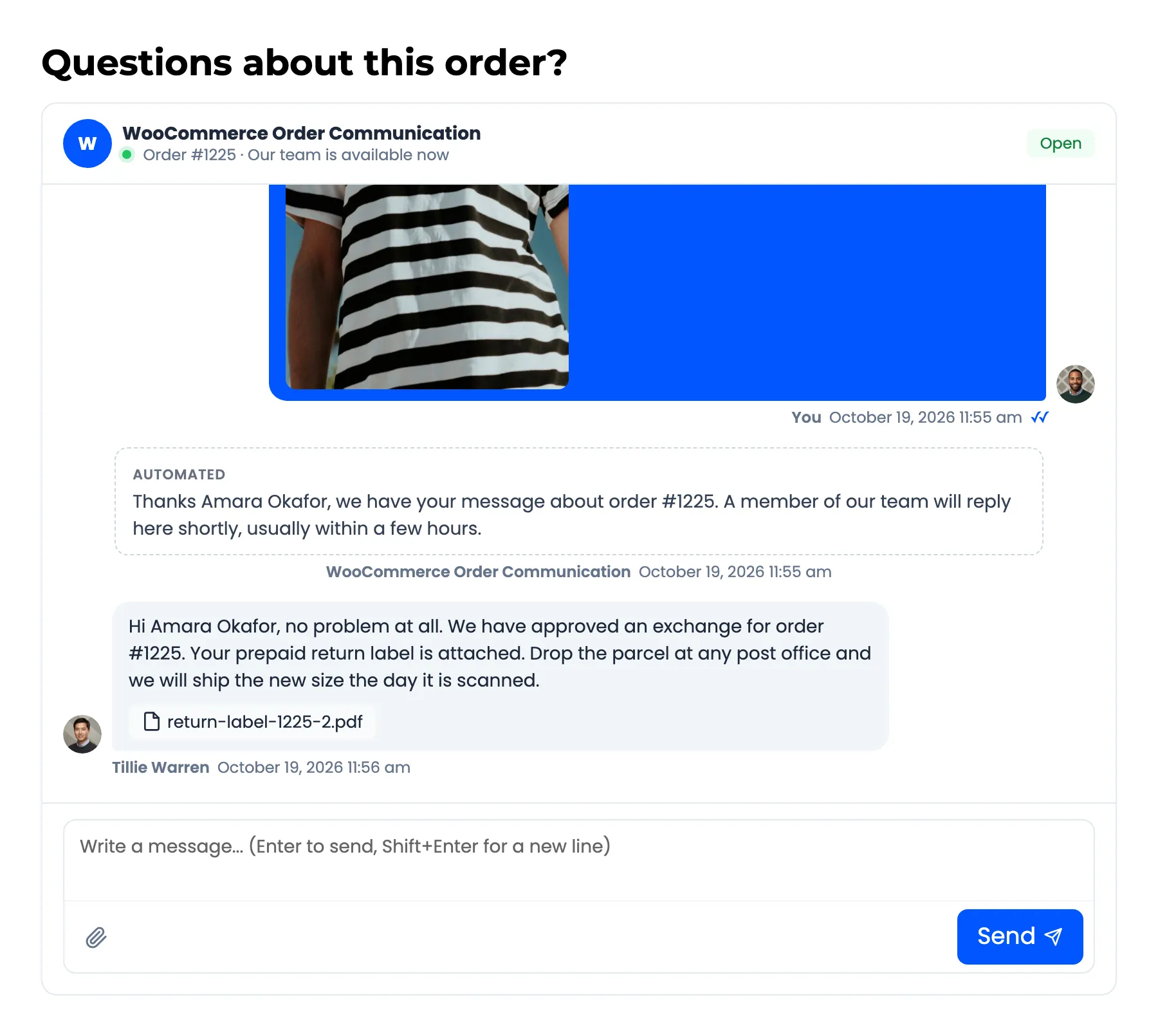 A customer’s order page with the conversation under the order details