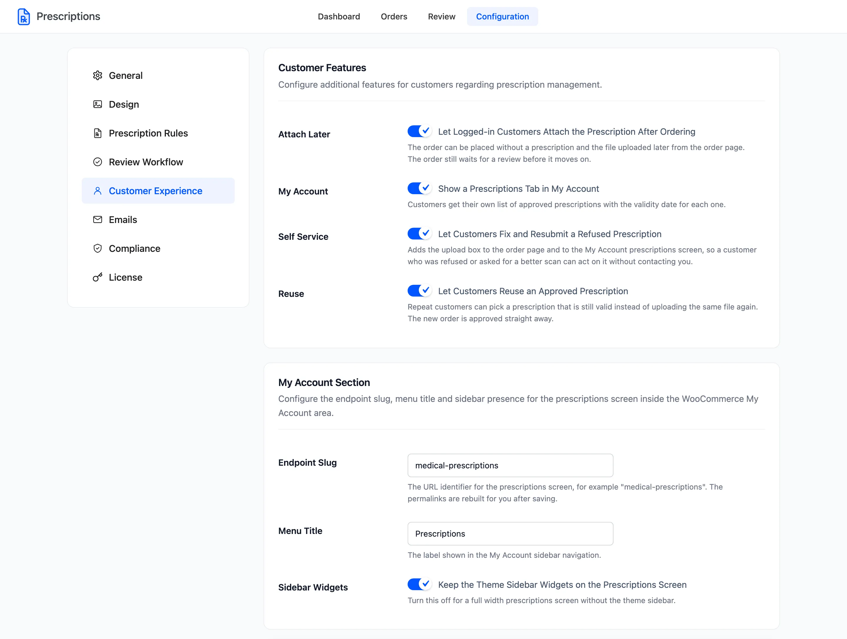 The Customer Experience tab with the customer features and the My Account section