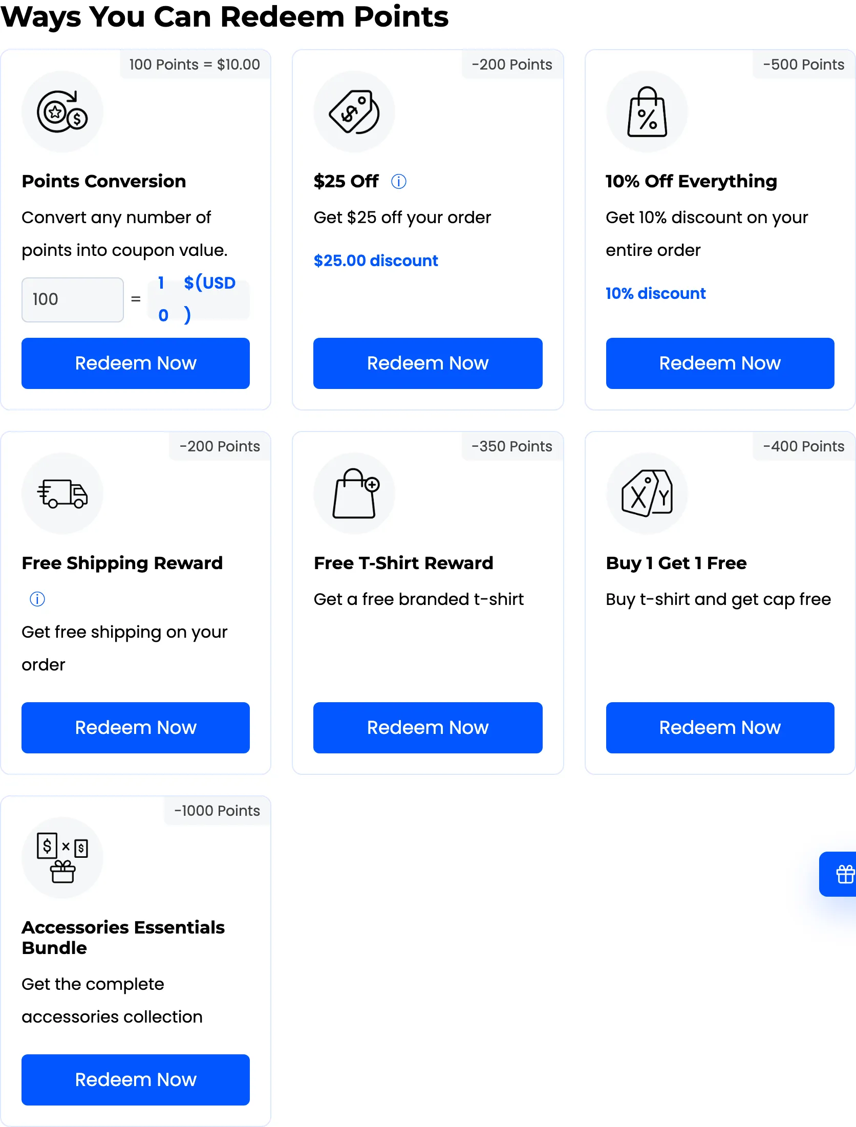 The customer Redeem tab listing the available point rewards
