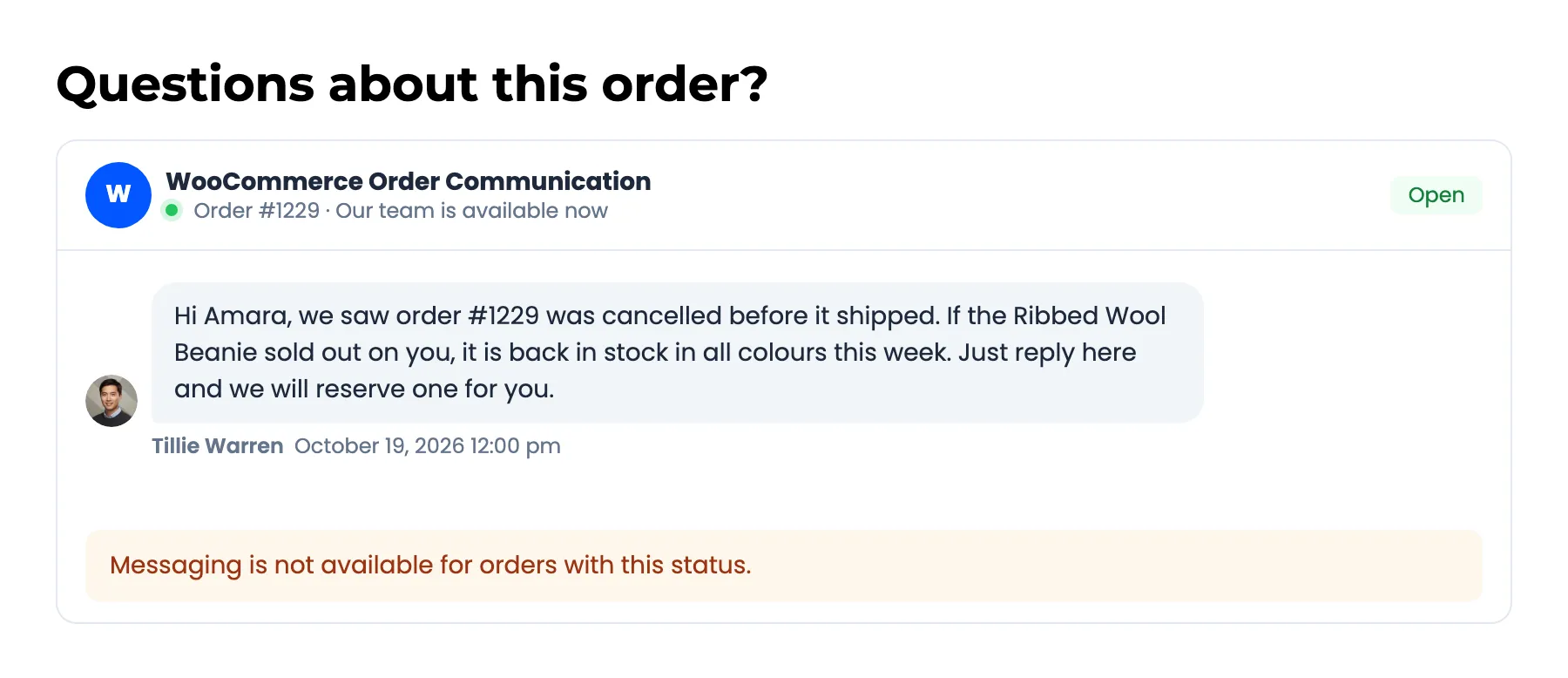 The notice a customer sees on an order whose status is not allowed