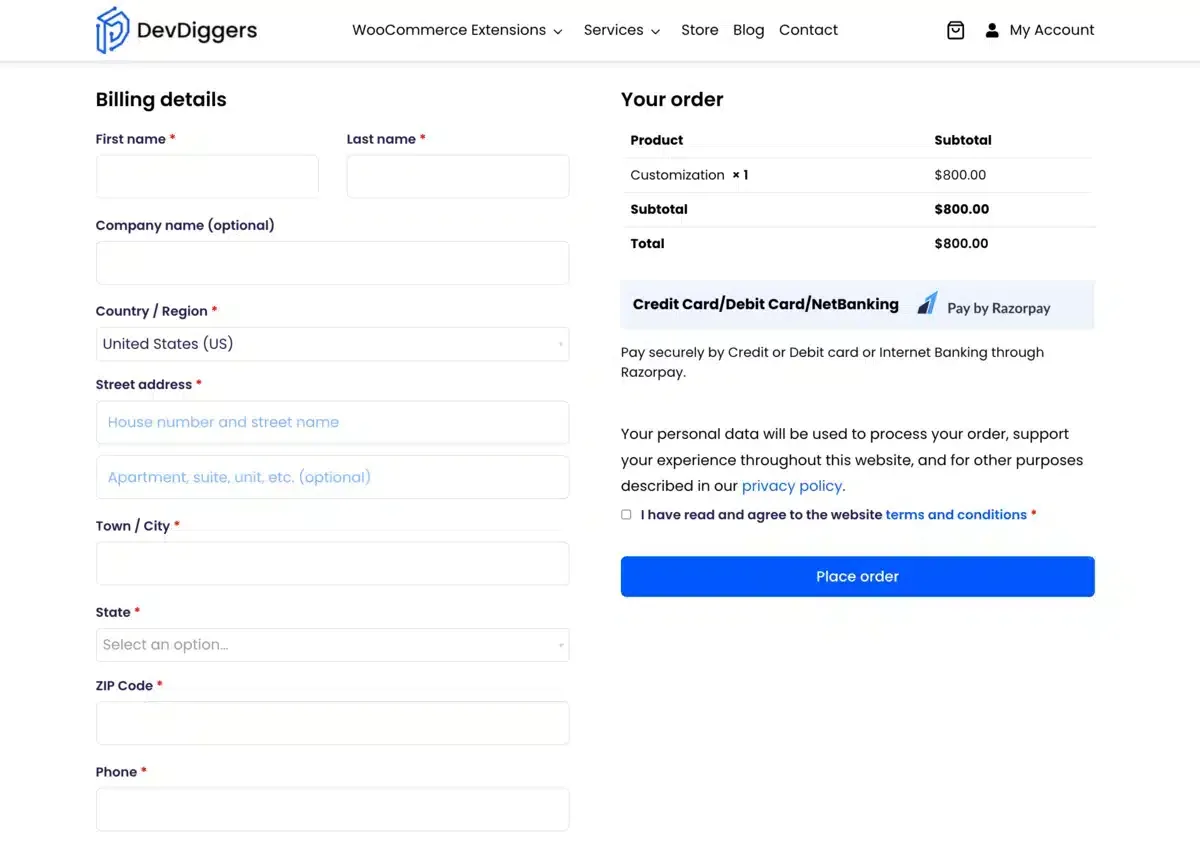 The checkout page with billing details, the order total, and the Place order button