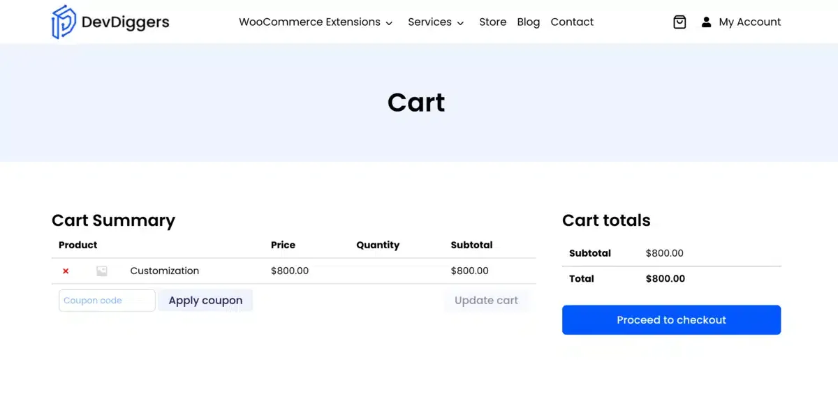 The cart showing a Customization item at 800 dollars with a Proceed to checkout button