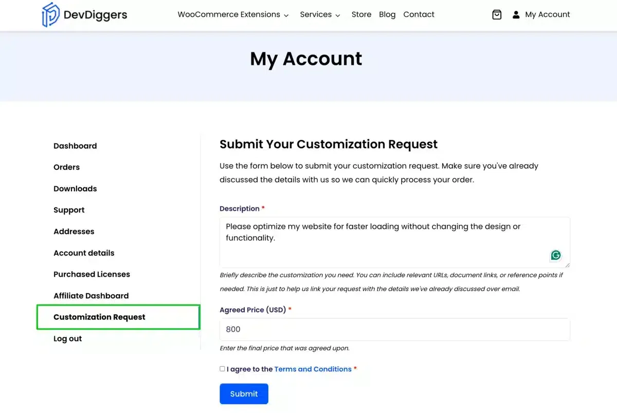 The My Account page with the Customization Request menu item highlighted next to the request form