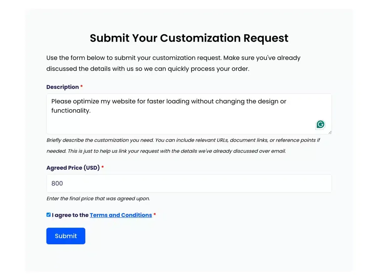 The Submit Your Customization Request form with a description filled in, an agreed price of 800 USD, and the terms box ticked