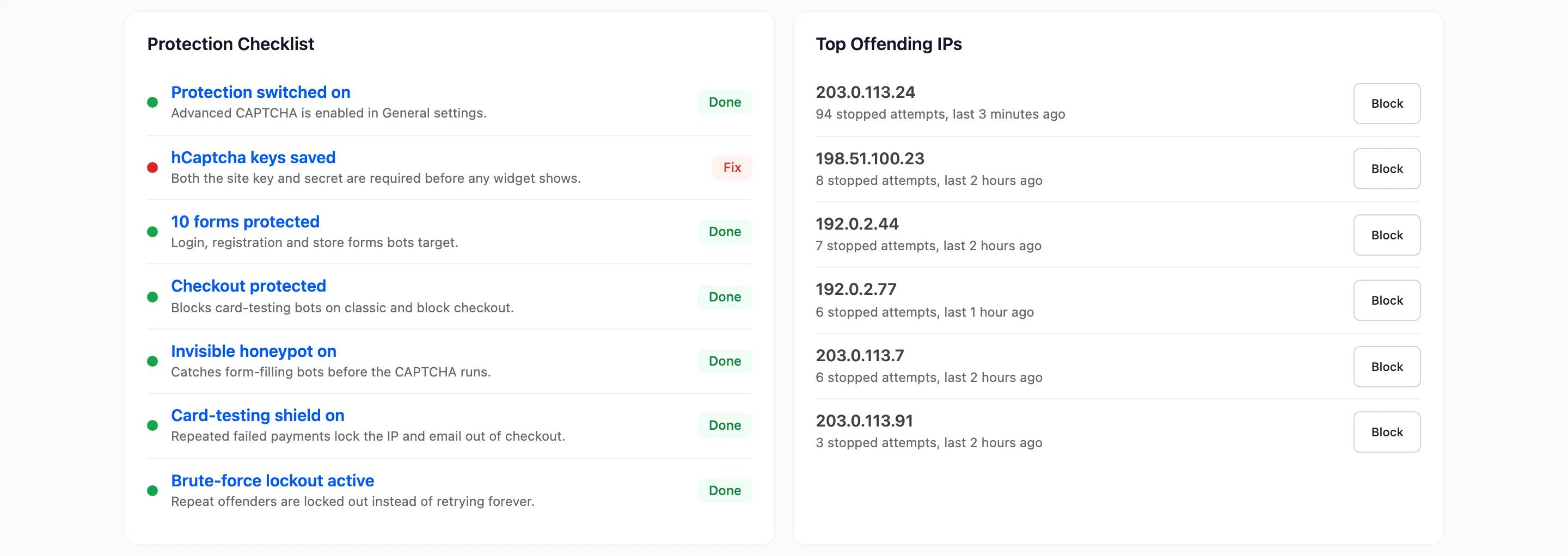 The checklist flagging a hosted provider with a missing key
