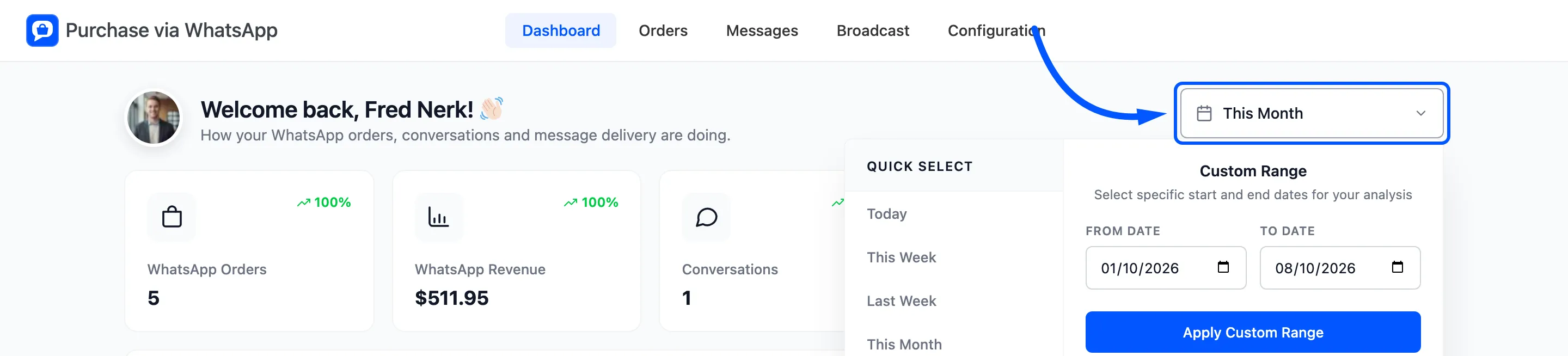 The date range picker open on the dashboard