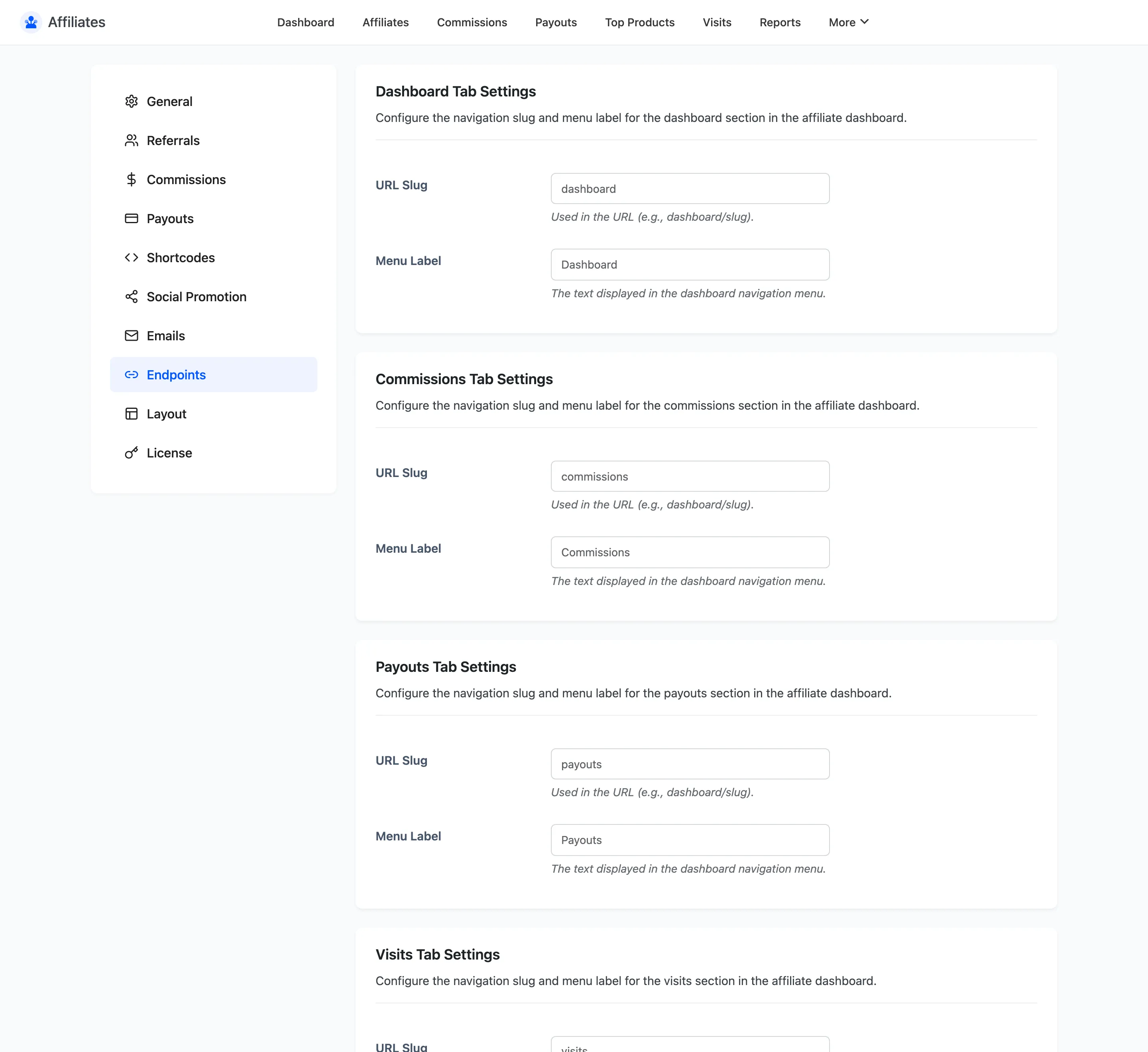 The Affiliates Endpoints settings tab with a URL slug and menu label field per dashboard section