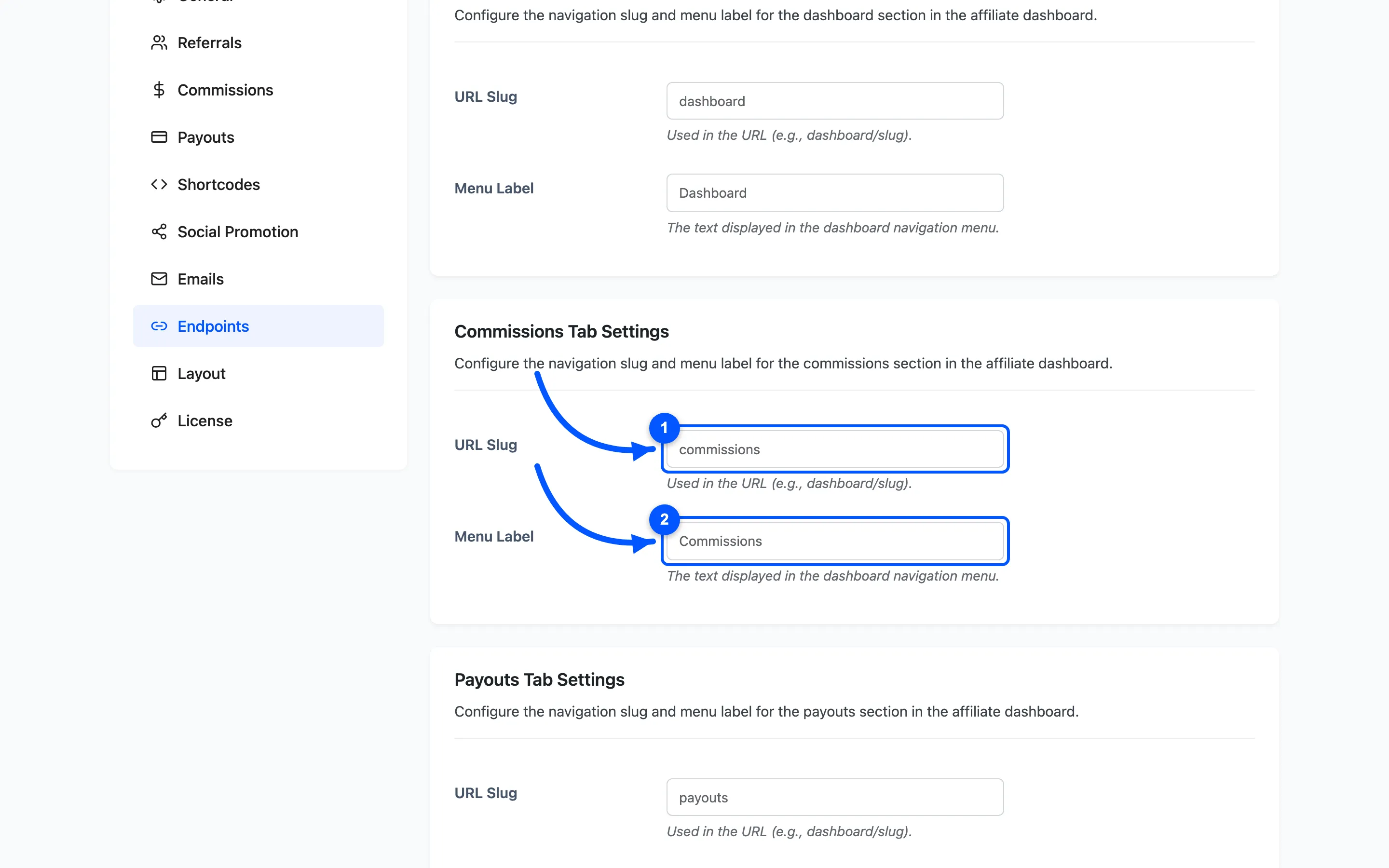 The URL slug and menu label fields for the Commissions section
