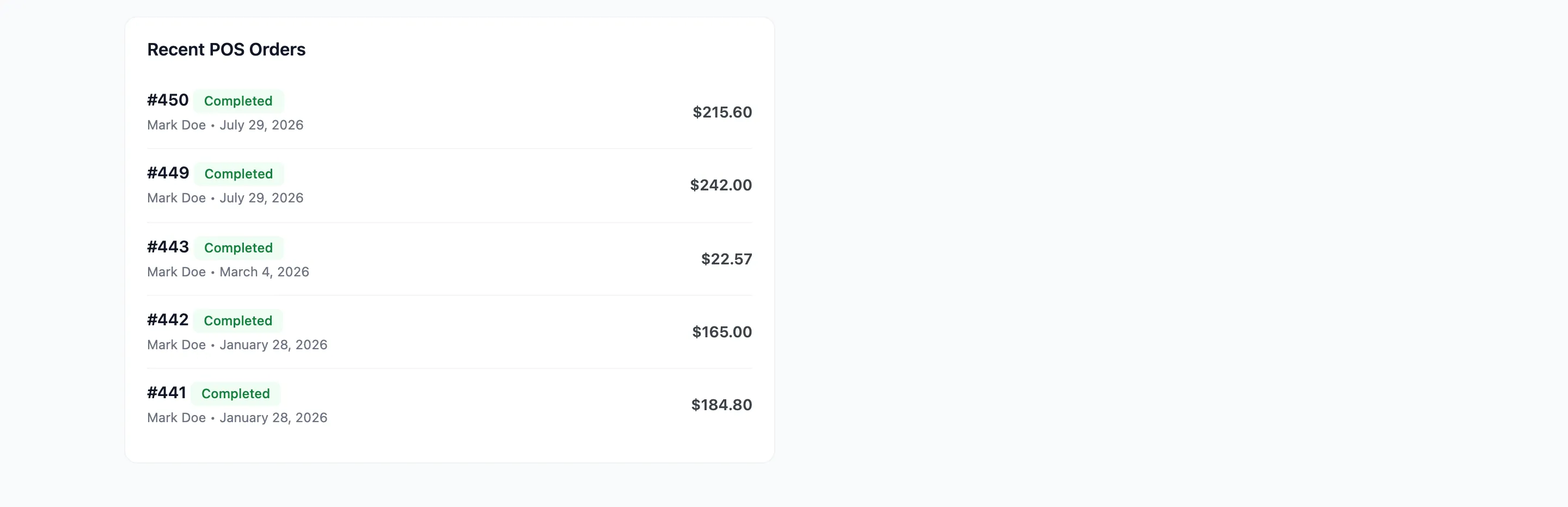 The Recent POS Orders panel at the foot of the MultiPOS dashboard