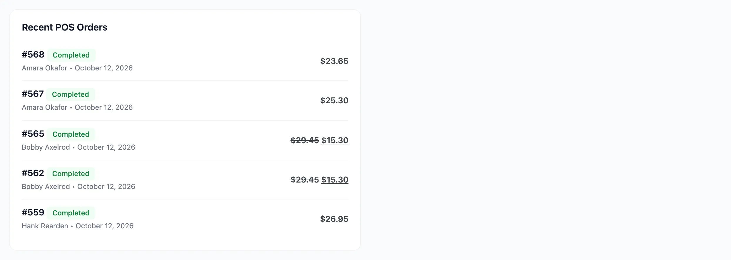 The Recent POS Orders panel at the foot of the MultiPOS dashboard