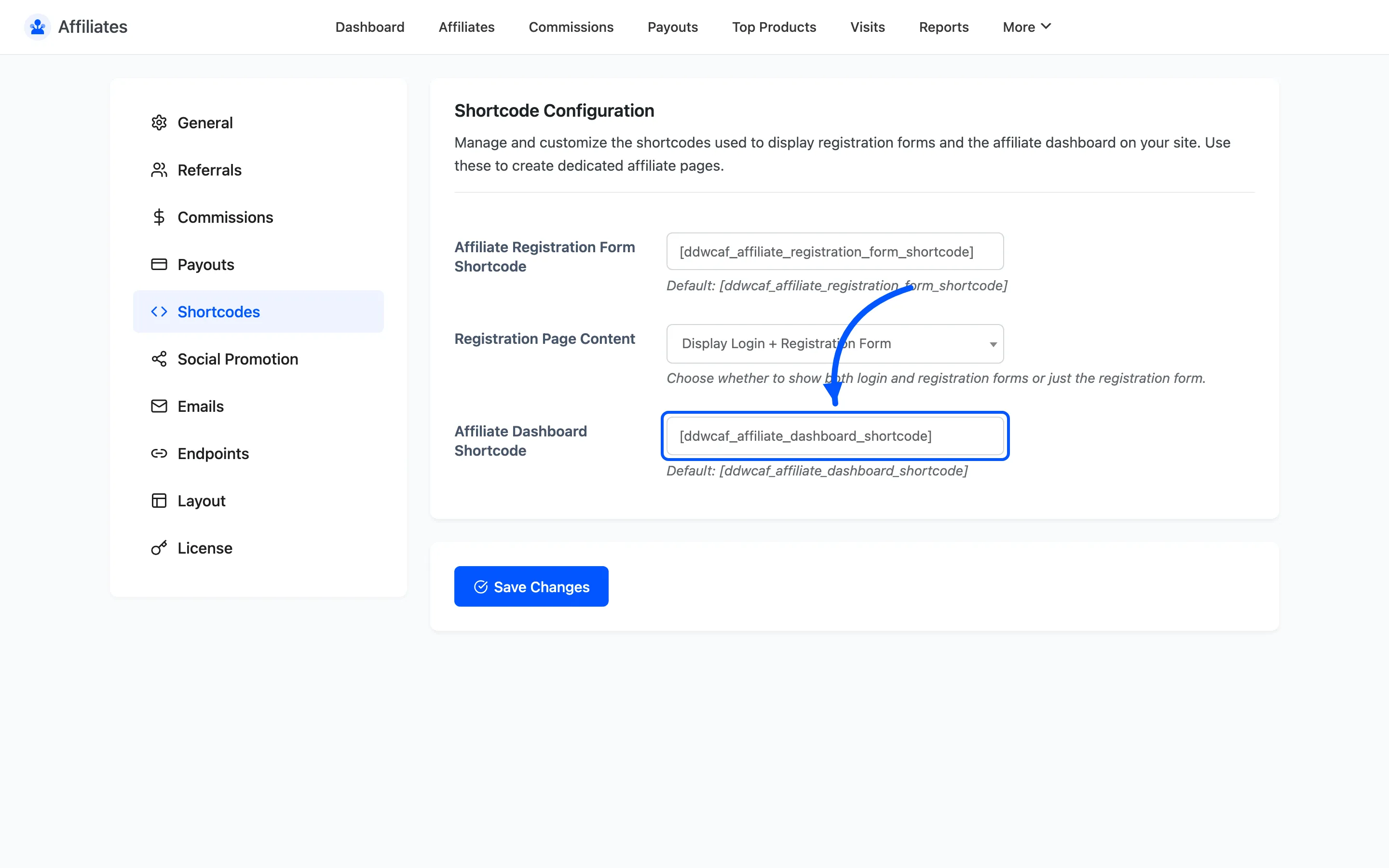 The Affiliate Dashboard Shortcode field on the Shortcodes settings tab