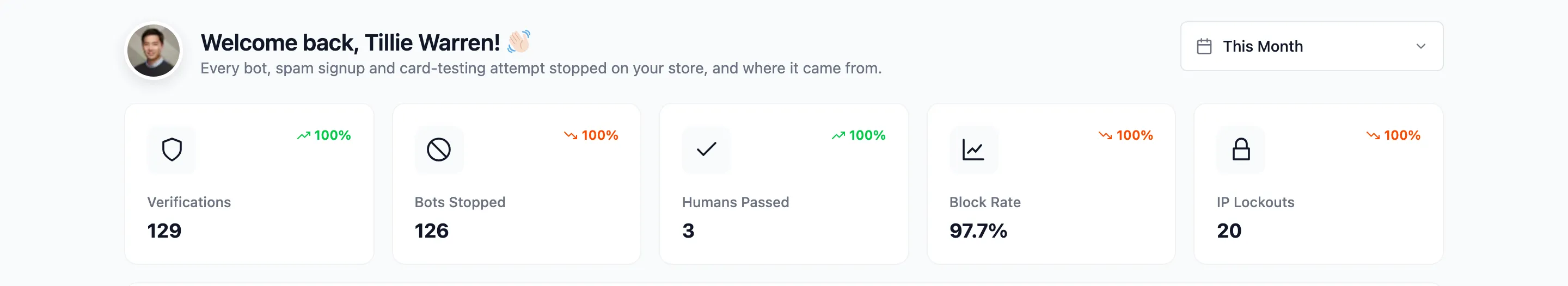 Verifications, Bots Stopped, Humans Passed, Block Rate and IP Lockouts