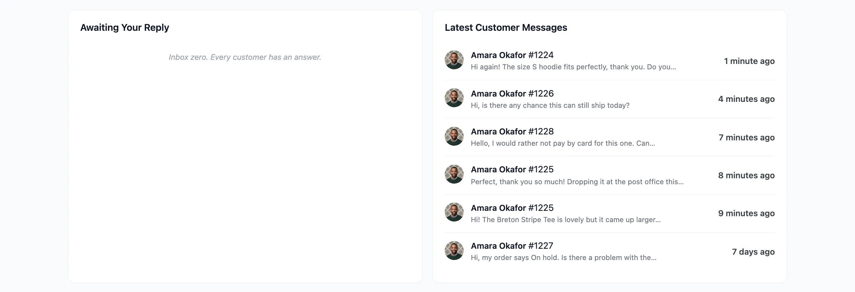 The Awaiting Your Reply and Latest Customer Messages lists