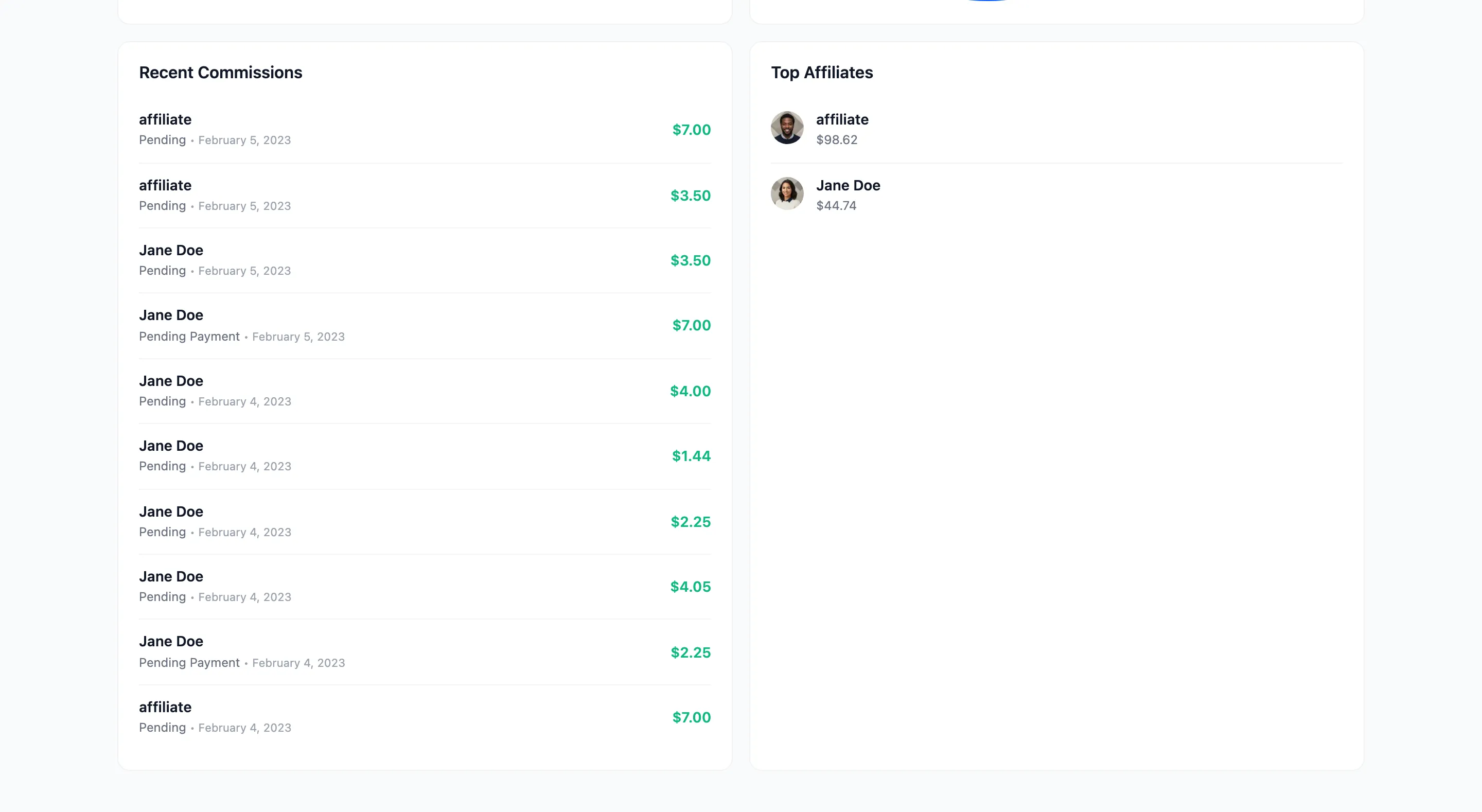 The Recent Commissions and Top Affiliates panels at the foot of the dashboard