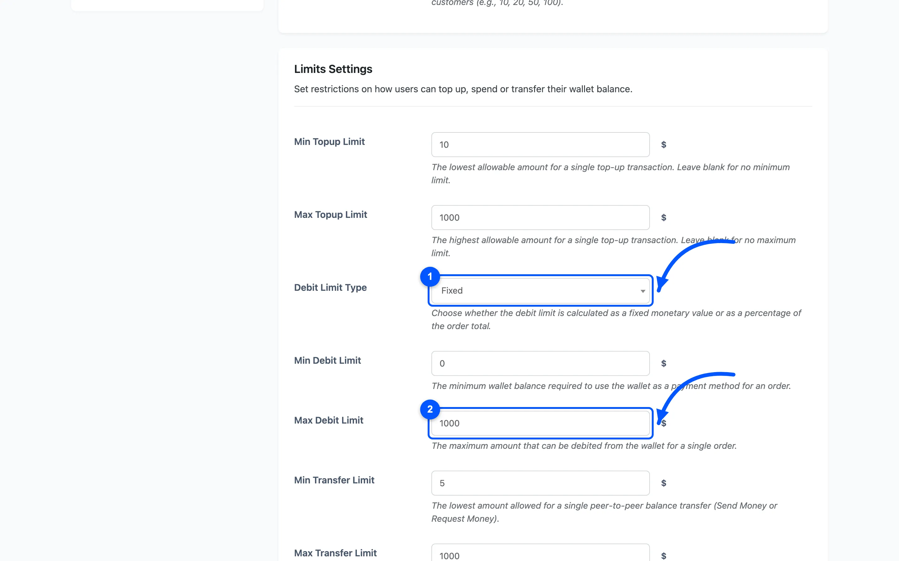 The Debit Limit Type dropdown and the Max Debit Limit field