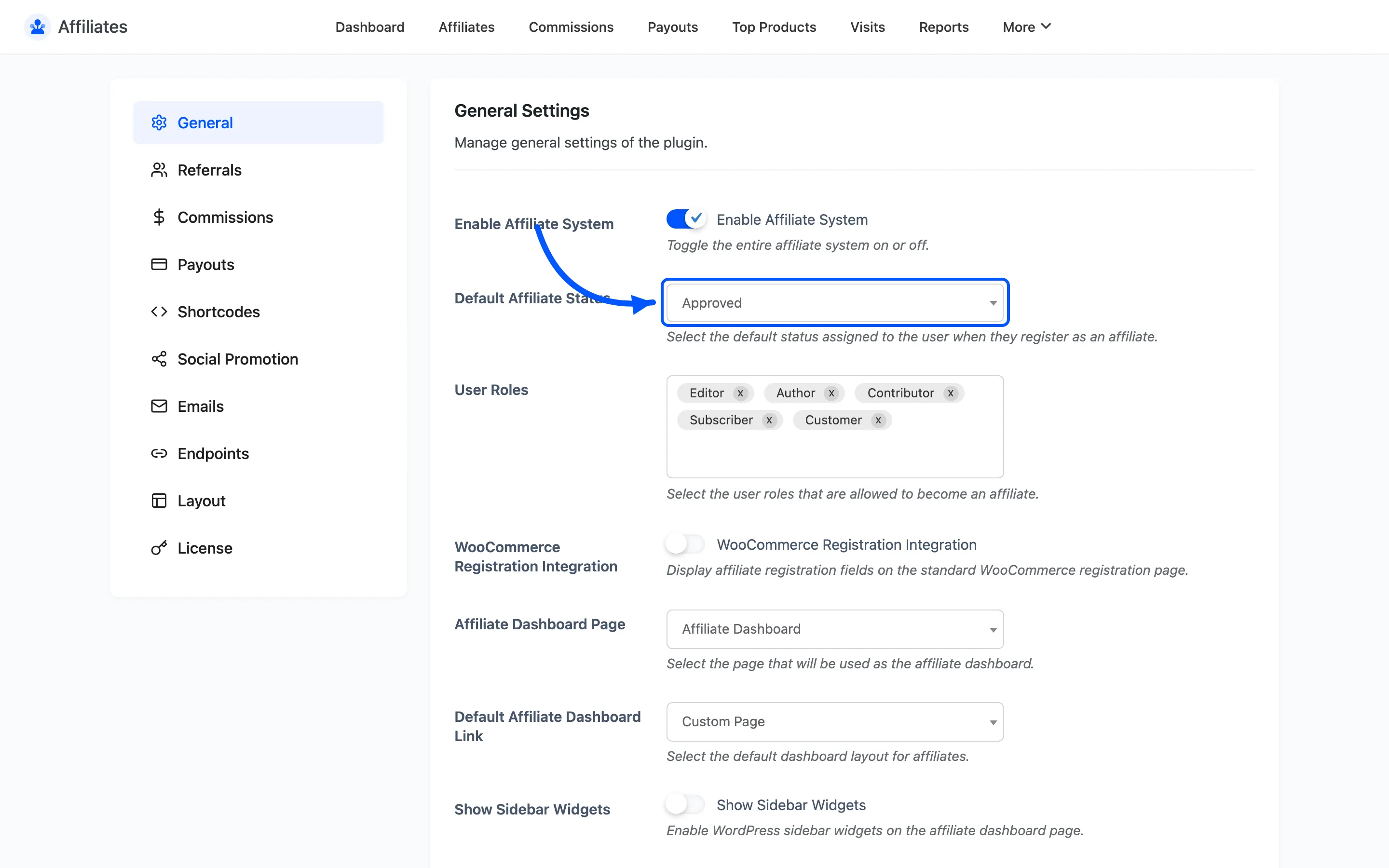 The Default Affiliate Status dropdown on the General settings tab