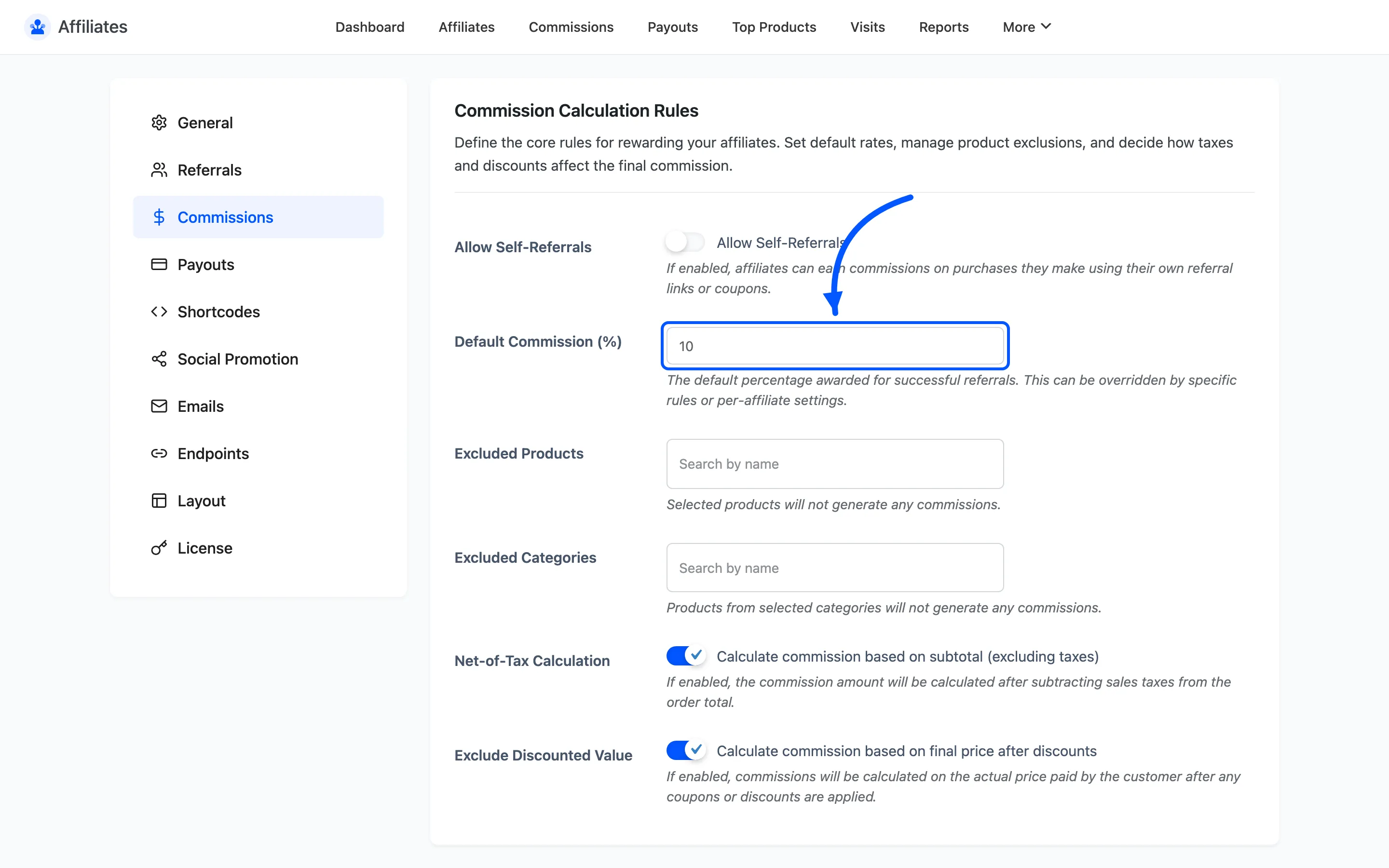 The Default Commission percentage field on the Commissions settings tab