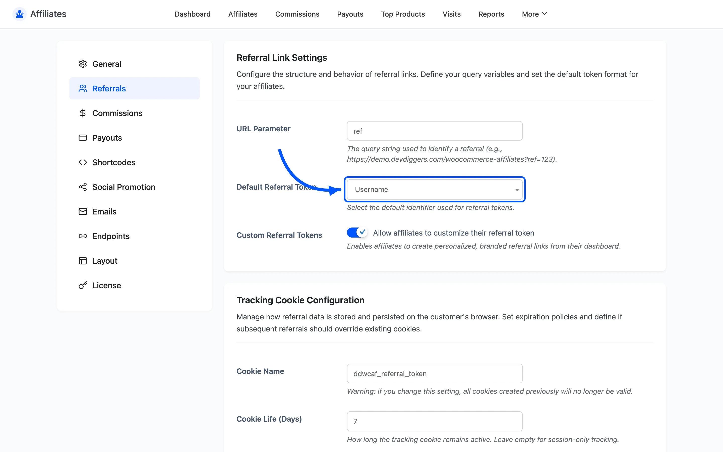 The Default Referral Token dropdown on the Referrals settings tab