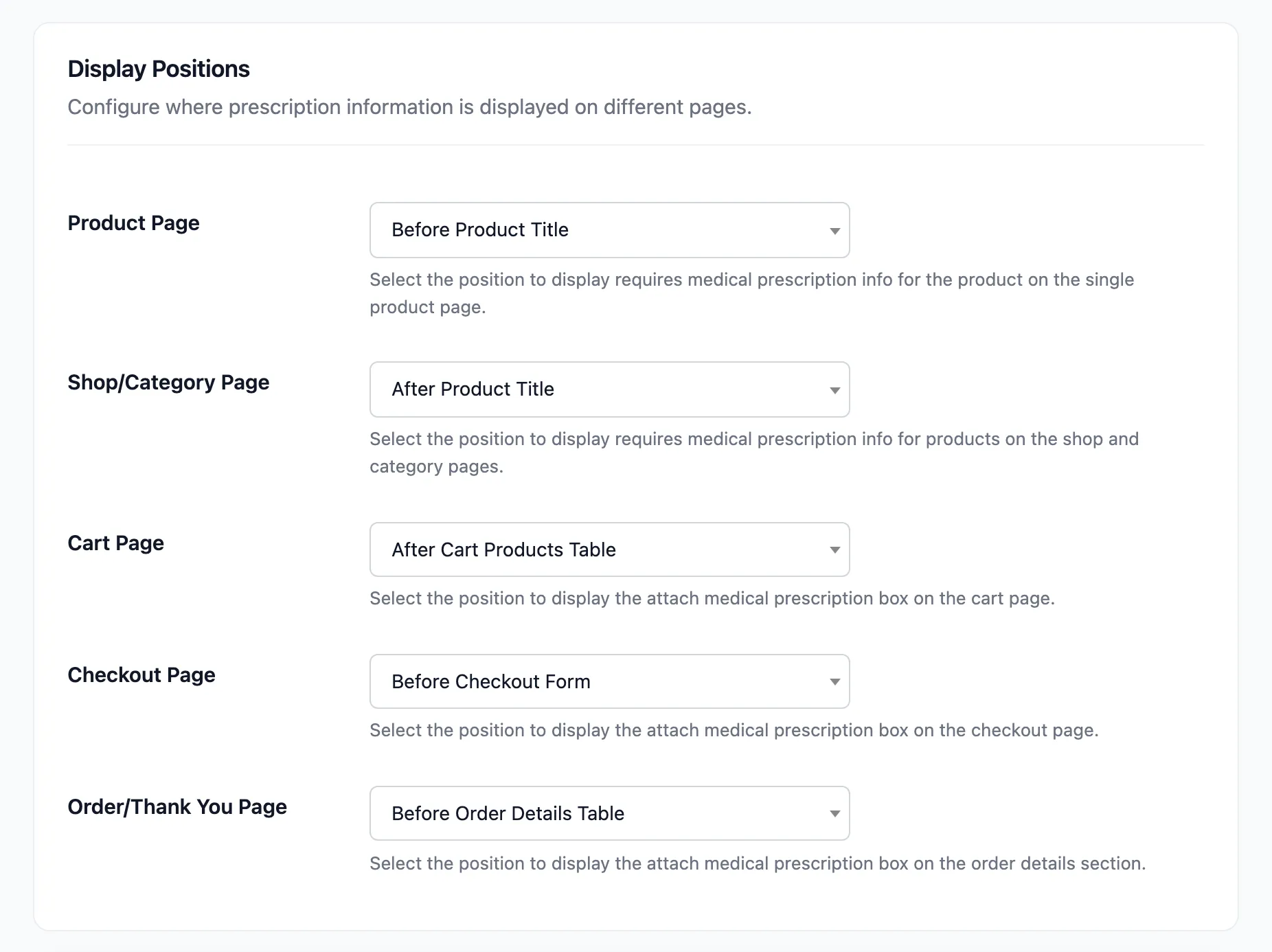 The Display Positions section with a position for each page