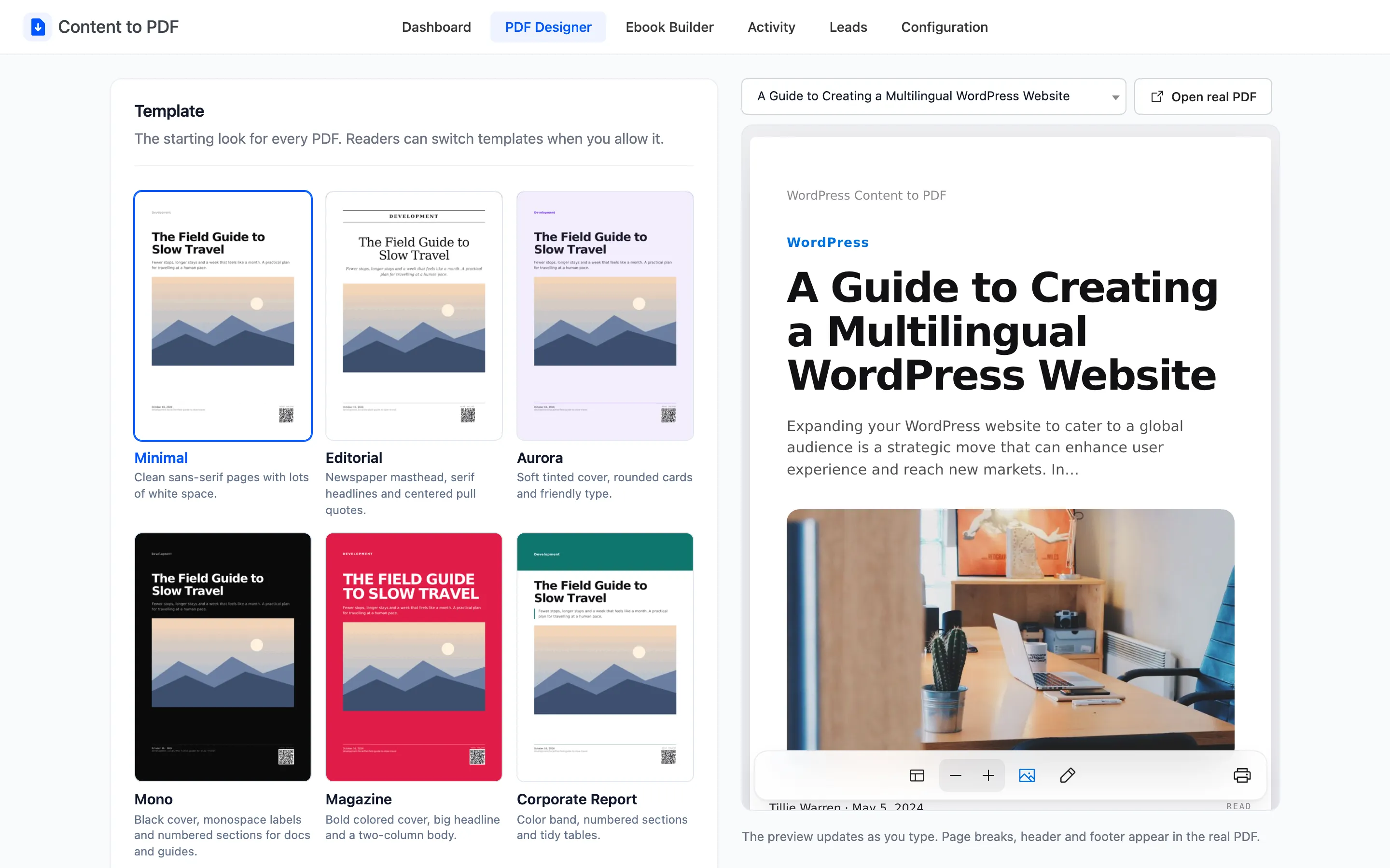 The PDF Designer with the template gallery and the live preview