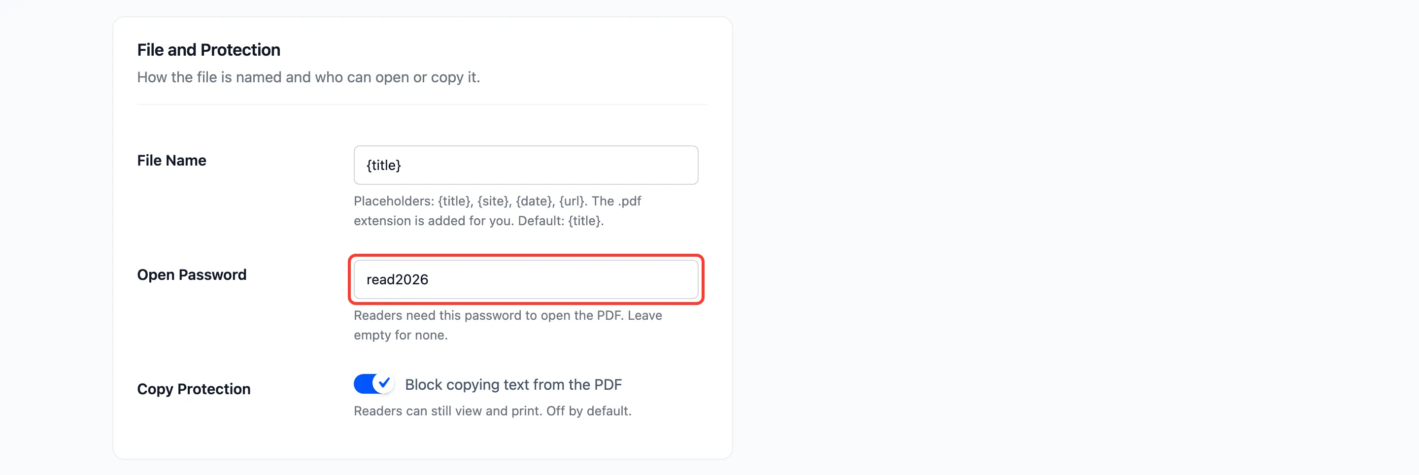 Open Password filled in and Copy Protection ticked