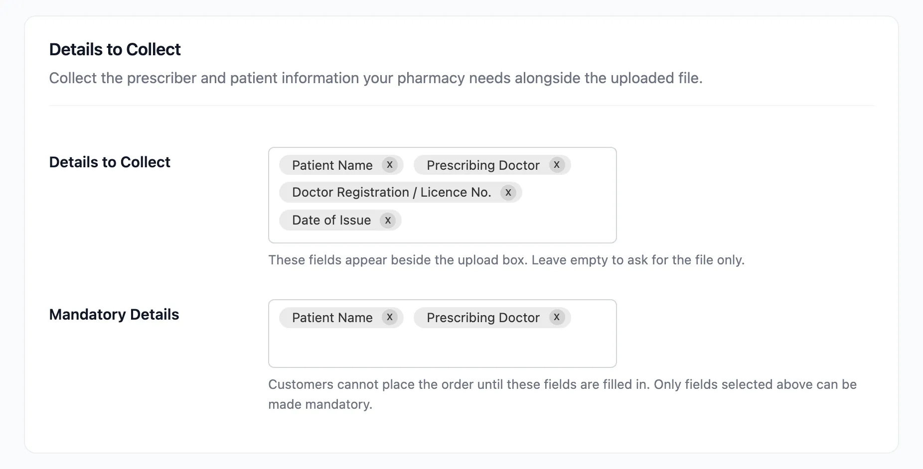 The Details to Collect and Mandatory Details fields