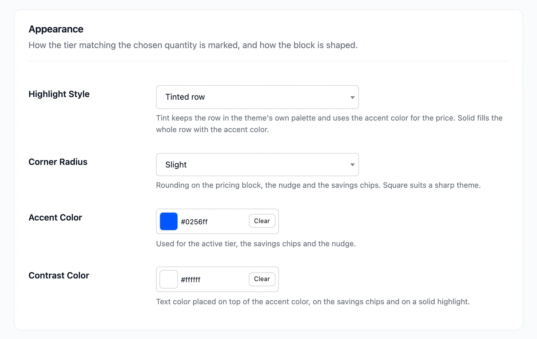 The Appearance section of the Display tab