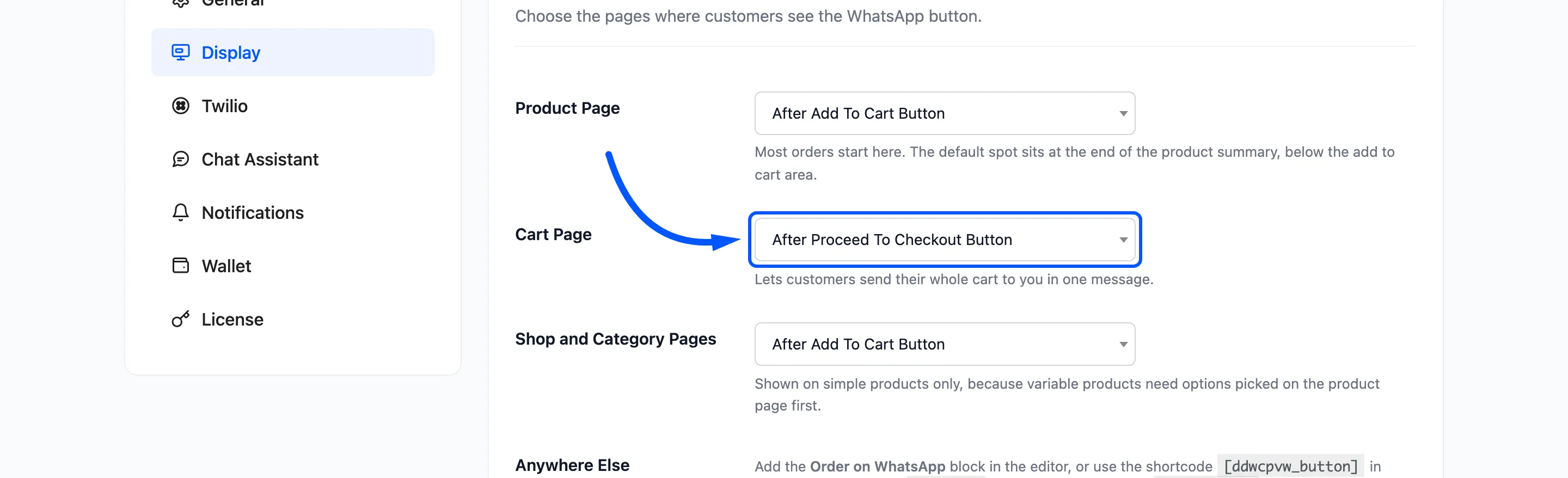 The Cart Page position field boxed on the Display tab