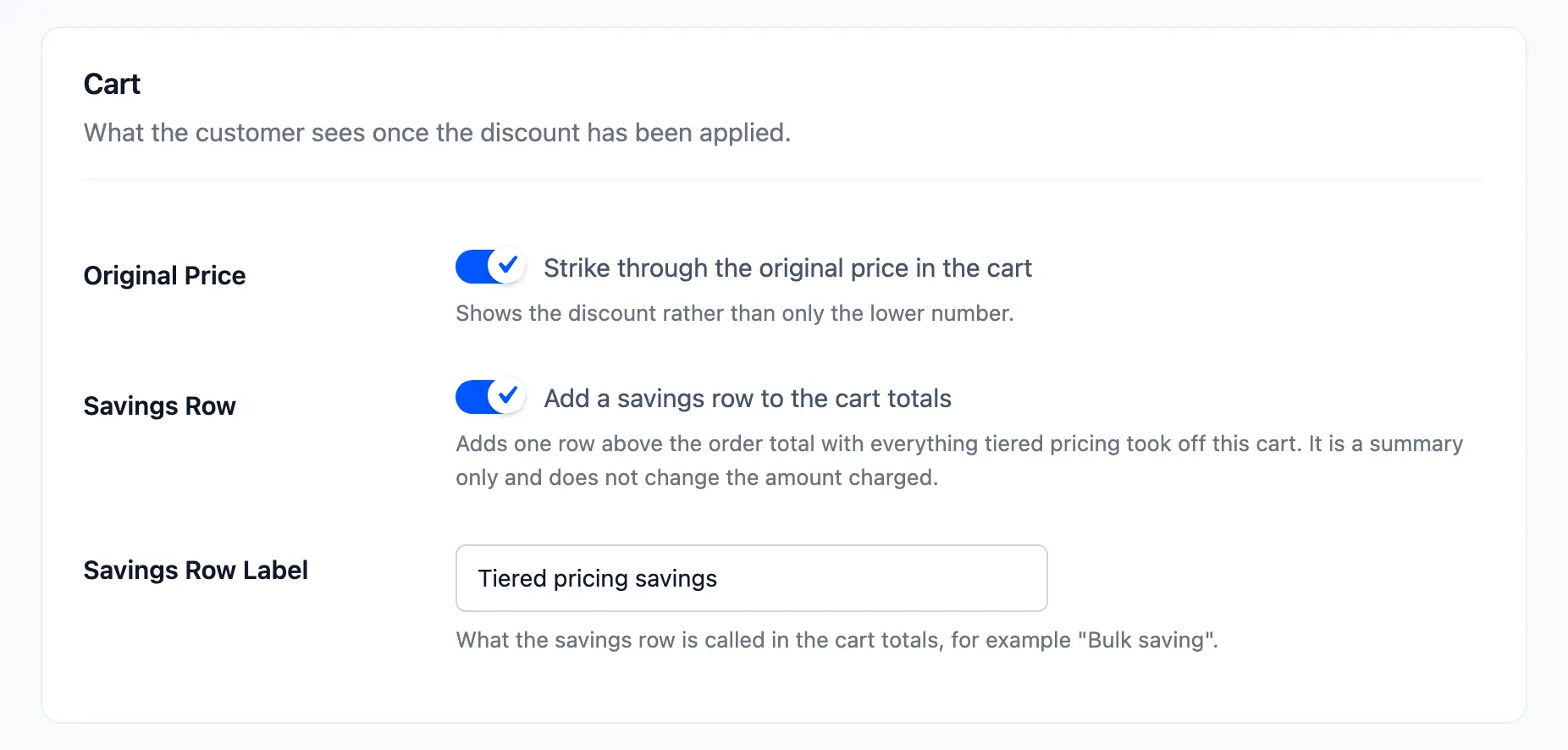 The Cart section of the Display tab