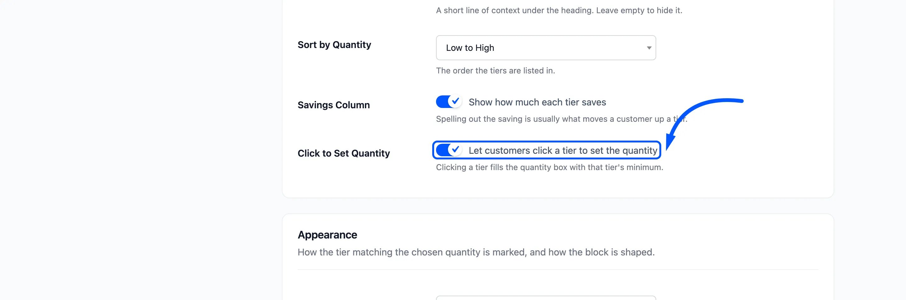 The Click to Set Quantity setting boxed in the Pricing Table section