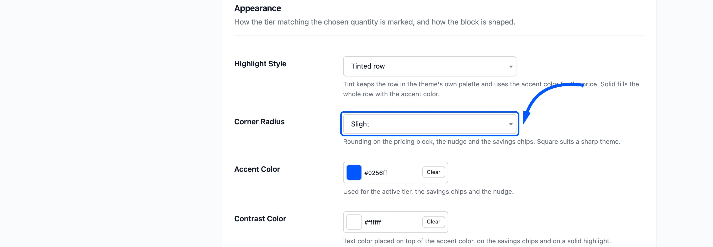 The Corner Radius setting boxed on the Display tab