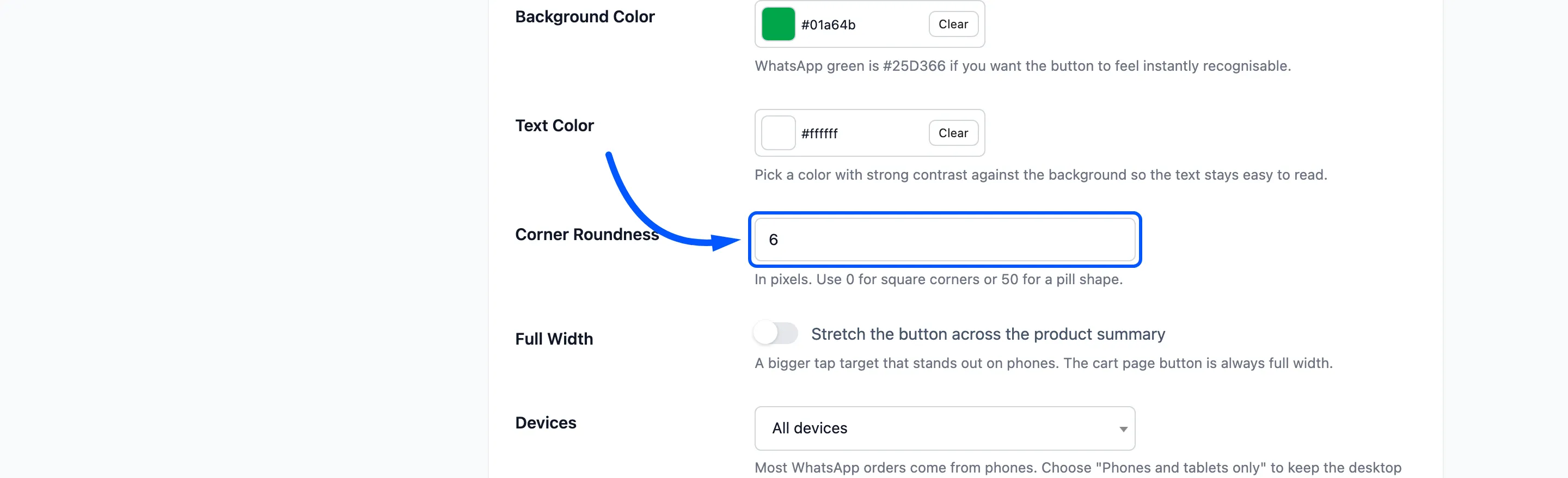 The Corner Roundness field boxed in Button Style