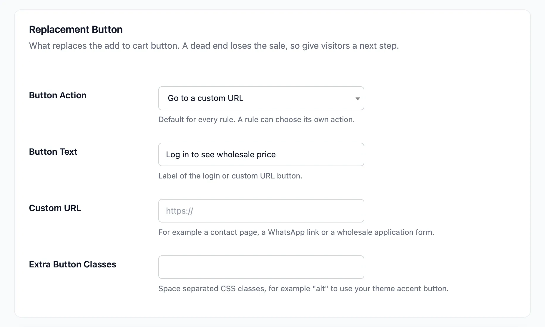 The Replacement Button section with the custom URL action