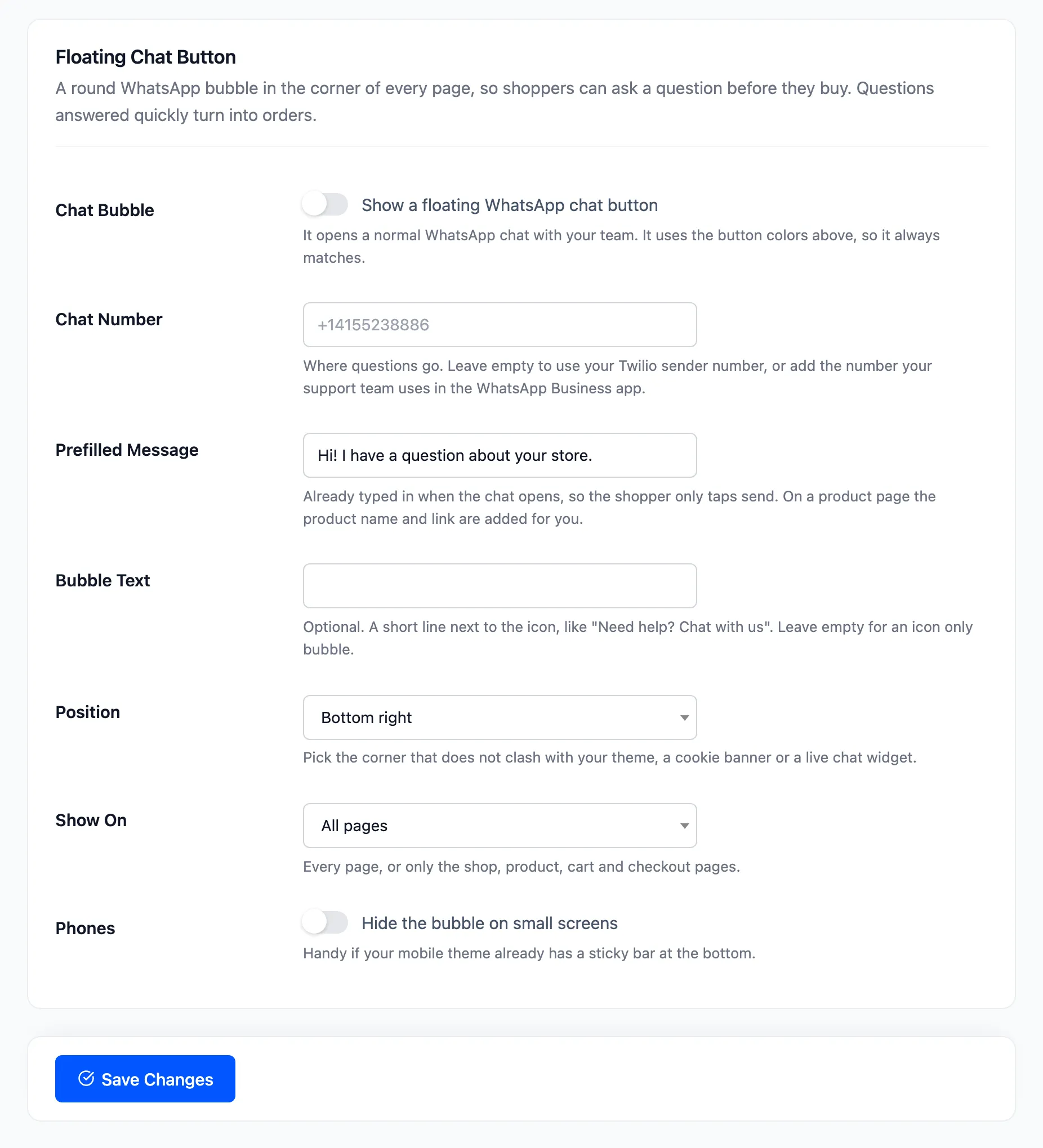 The Floating Chat Button section of the Display tab