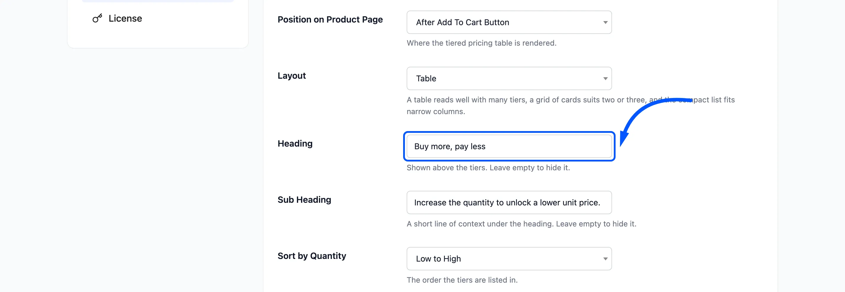 The Heading field boxed in the Pricing Table section