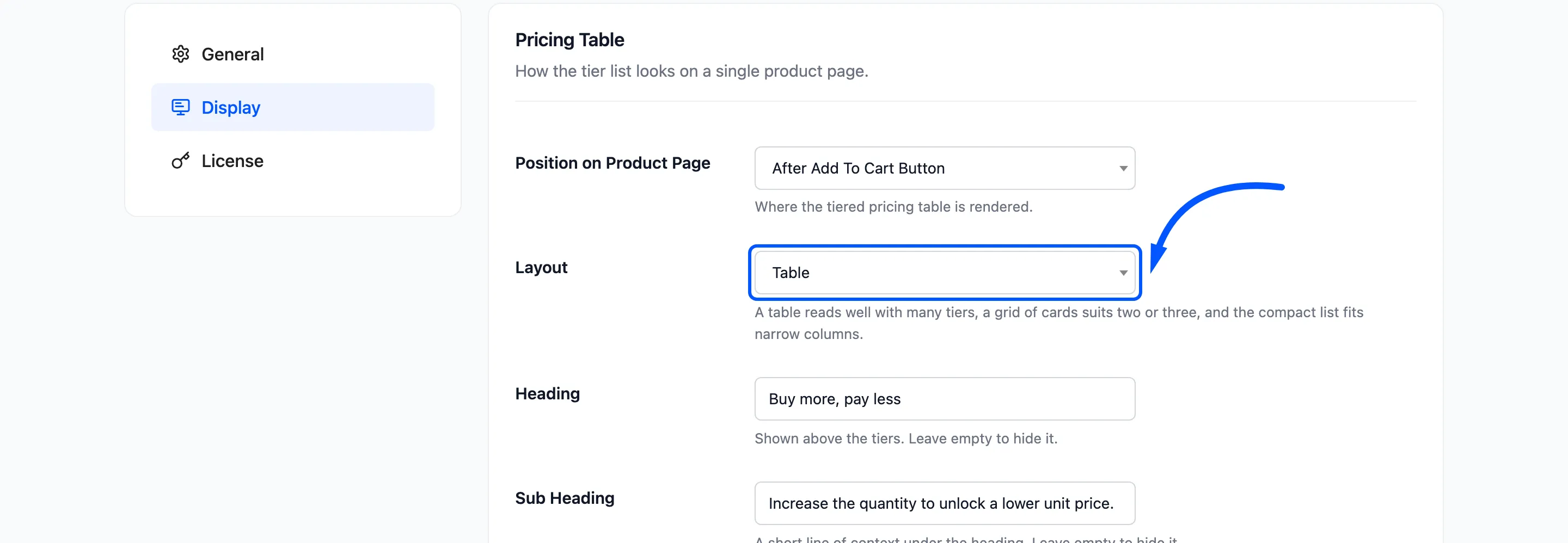 The Layout setting boxed in the Pricing Table section