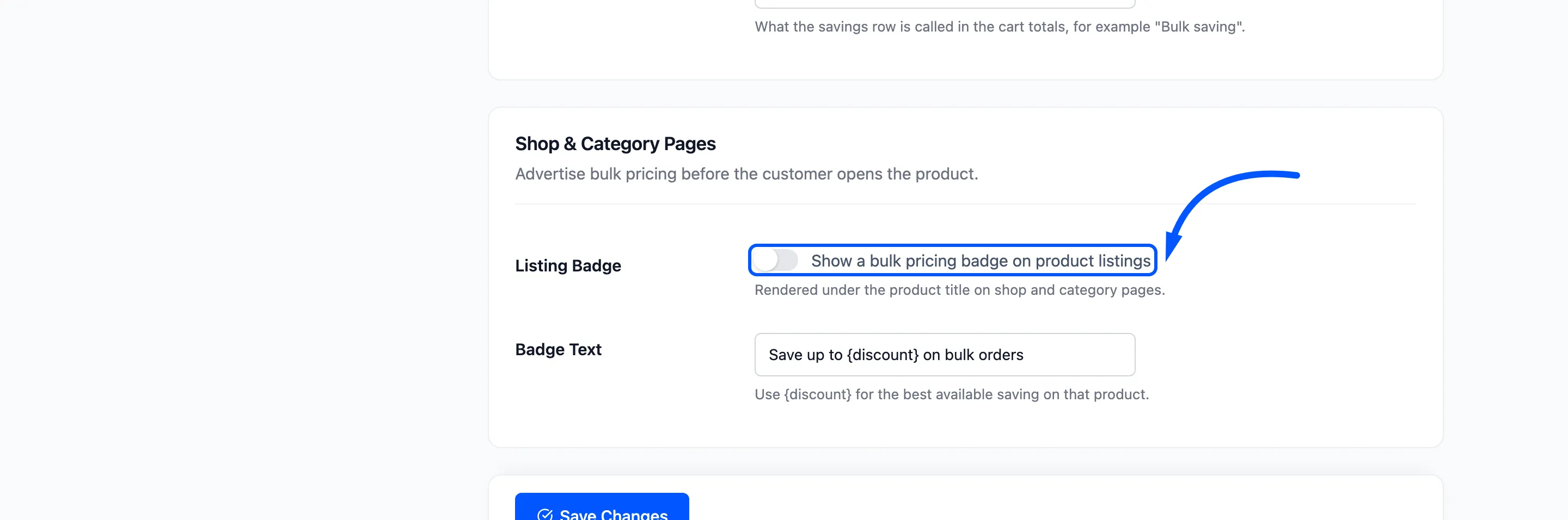 The Listing Badge checkbox boxed on the Display tab