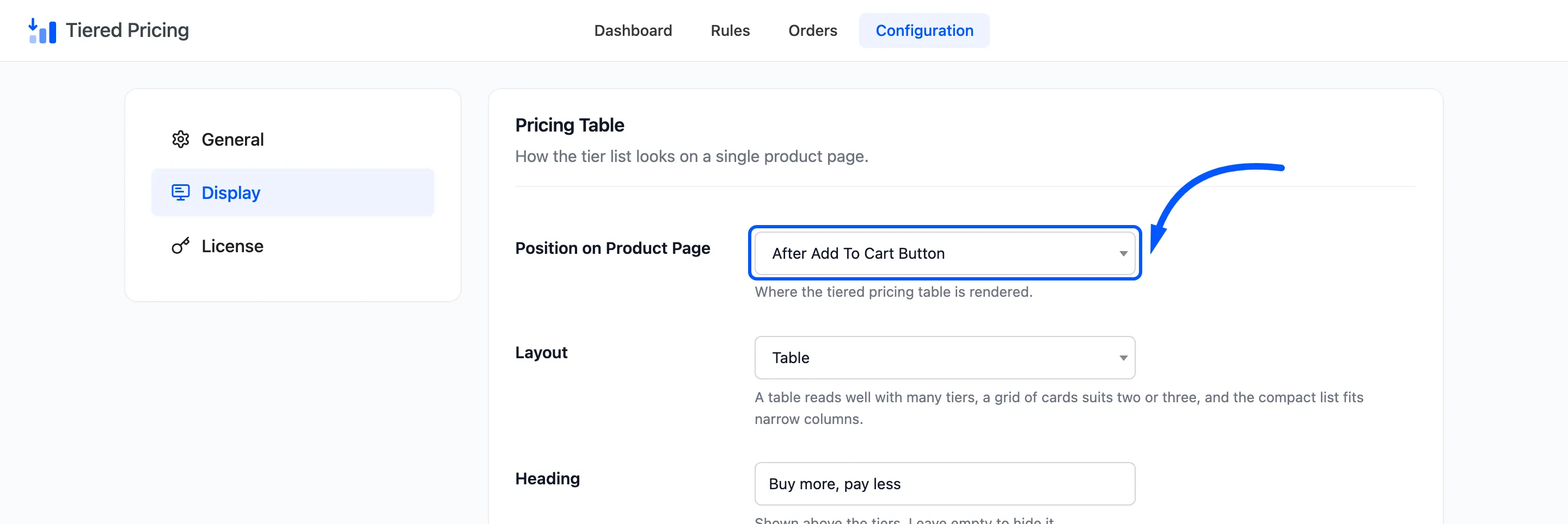 The Position on Product Page setting boxed on the Display tab