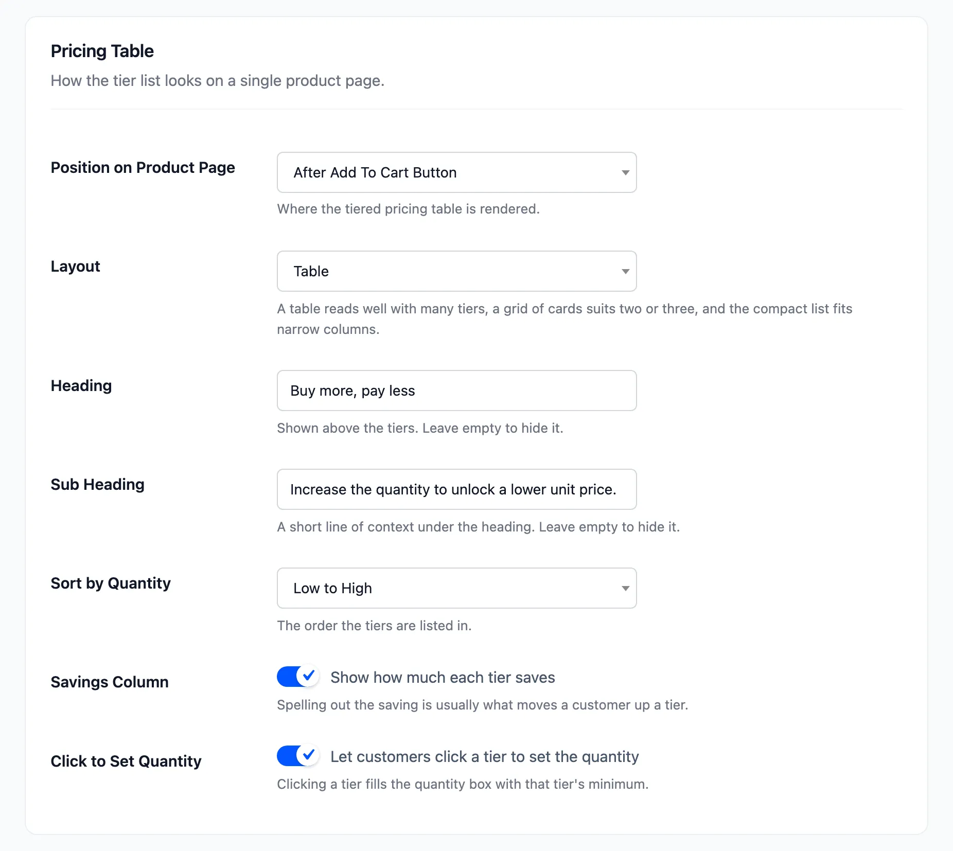 The Pricing Table section of the Display tab