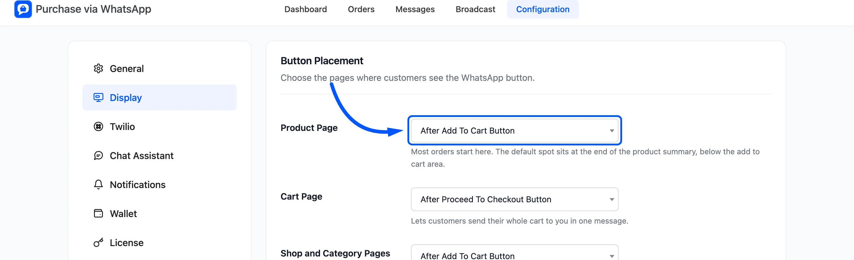 The Product Page position field boxed on the Display tab