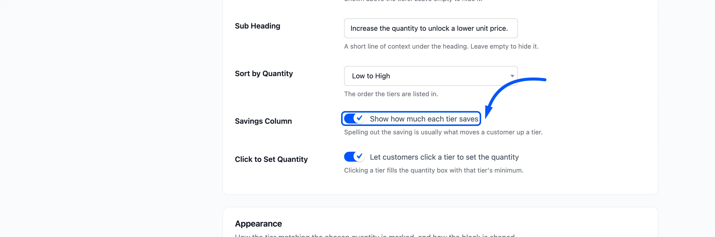The Savings Column setting boxed in the Pricing Table section