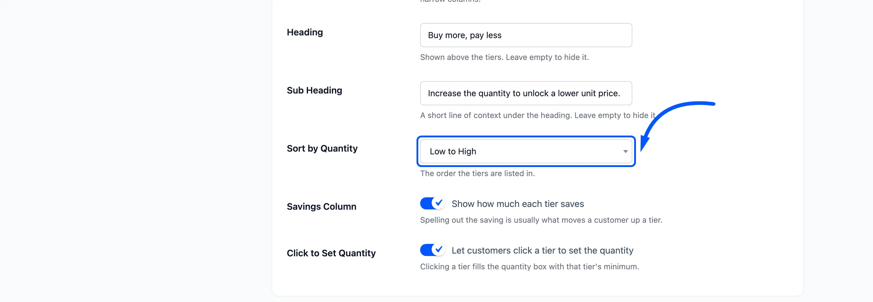 The Sort by Quantity setting boxed in the Pricing Table section